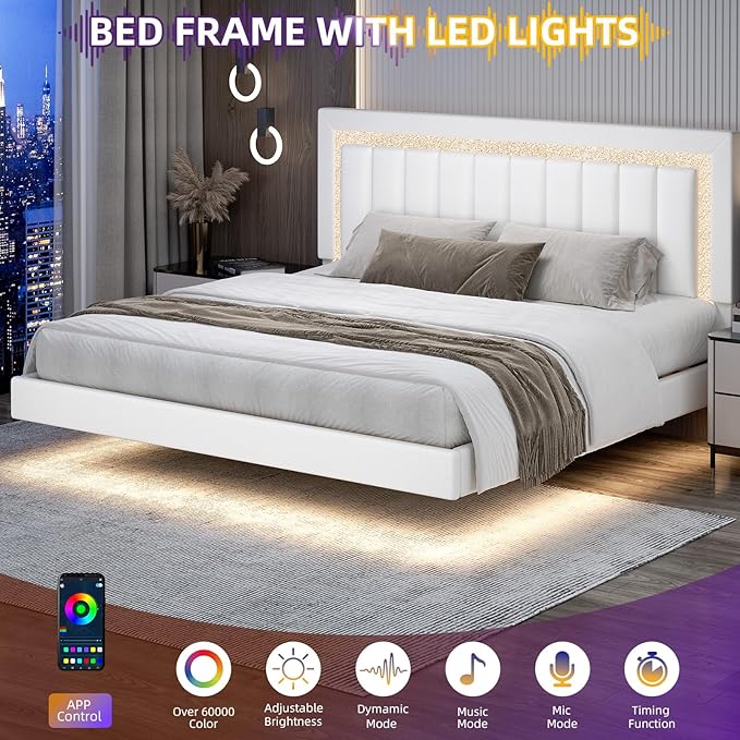 HOMBCK Floating Bed Frame King with Smart LED Lights, Faux Leather Upholstered Bed with Diamond PU Headboard, No Box Spring Needed, Noise-Free, Easy Assembly, White