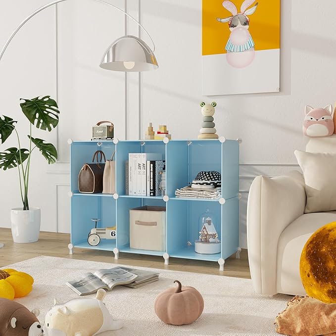 AWTATOS Cube Storage Organizer Protable Closet Organizers and Storage for Kids DIY Stackable 6 Cubes Storage Shelves Clothes Organizer for Bedroom, Home, Blue