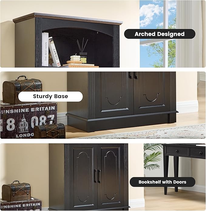 Black 5 Tier Book Shelf and Bookshelf with Storage Cabinet Doors, 72 Inch Tall Bookcase, Wooden Cube Storage Organizer, Kids Bookshelf, Display Cabinet for Bedroom Furniture, Living Room, Pantry