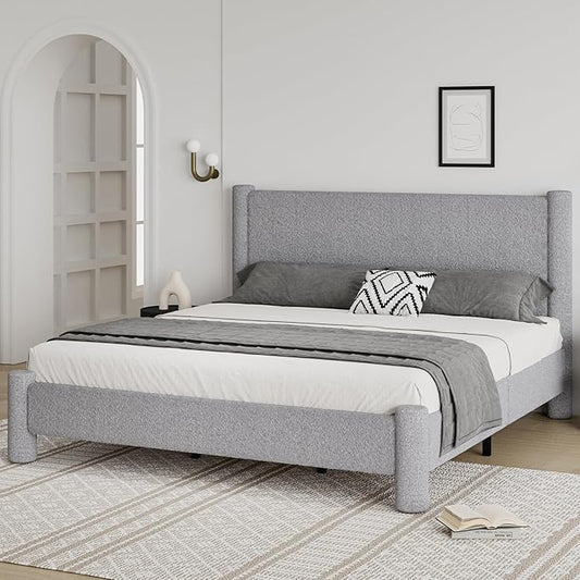 King Size Bed Frame, Boucle Upholstered Platform Bed with Headboard and Footboard, Soft Rounded Corners, No Box Spring Required, Easy Assembly, Light Grey