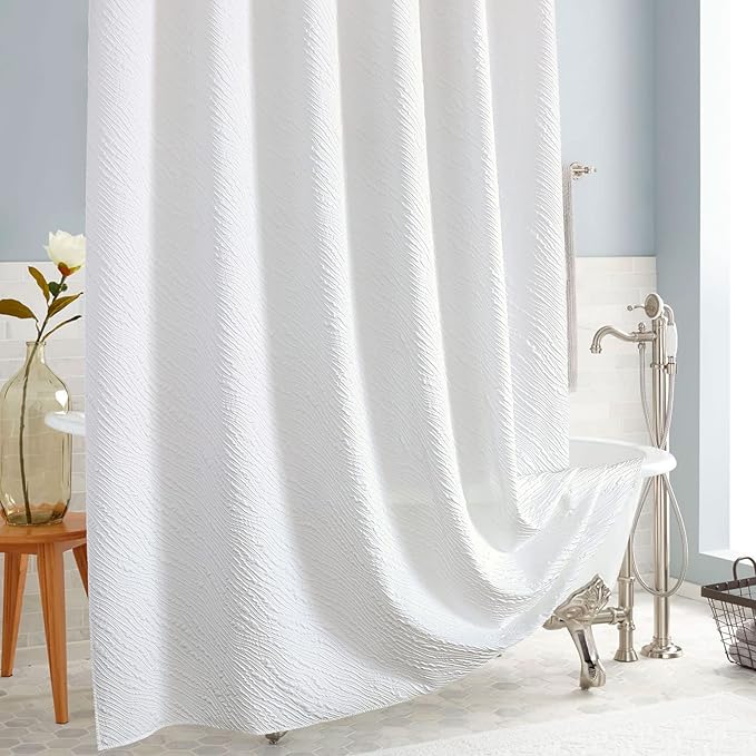 MitoVilla Extra Long Shower Curtain 72 x 84, Farmhouse Fabric White XL Shower Curtains for Bathroom Decor, Modern Luxury Cloth Shower Curtain, 3D Marble Textured