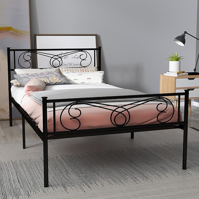 Metal Platform Bed Frame with Headboard & Footboard, Steel Slats Mattress Foundation No Box Spring Needed, 800Lbs Capacity, Noise-Free