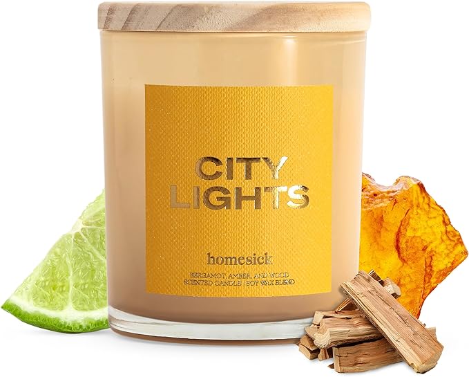 Homesick Scented Candles for Home (City Lights) - 7.5 oz Long-Lasting Natural Soy Wax Blend Jar Candle Gift for Women & Men for All Occasions, 30-35 Hours Burn Time - Notes of Amber & Bergamot