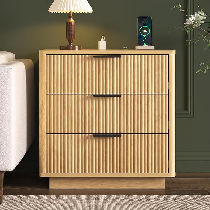 HOMMPA 24'' Fluted Nightstand with Charging Station, Modern Bedside Table with Storage, 3 Drawer End Table with Metal Handle, Wooden Bedside End Table for Bedroom, Living Room, Curved Profile Design