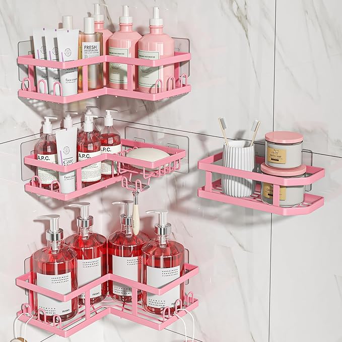 4-Pack Adhesive Corner Shower Caddy with Soap Holder, No Drilling Wall Mounted Shower Shelves-Rustproof, Organizer for Bathroom, Kitchen & Home Decor. Pink