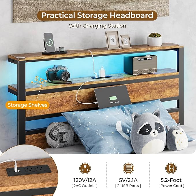 Hasuit Twin Bed Frame with Headboard LED Lights, Twin Size Bed with Charging Station 2-Tier Storage Shelves, Metal Platform Bed with Heavy Duty Slat, Fast Assembly, No Box Spring Needed, Noise Free