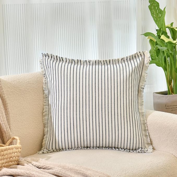 ZWJD Throw Pillow Covers 26x26 Set of 2 Striped Pillow Covers with Fringe Chic Cotton Decorative Pillows Square Cushion Covers for Sofa Couch Bed Living Room Farmhouse Decor