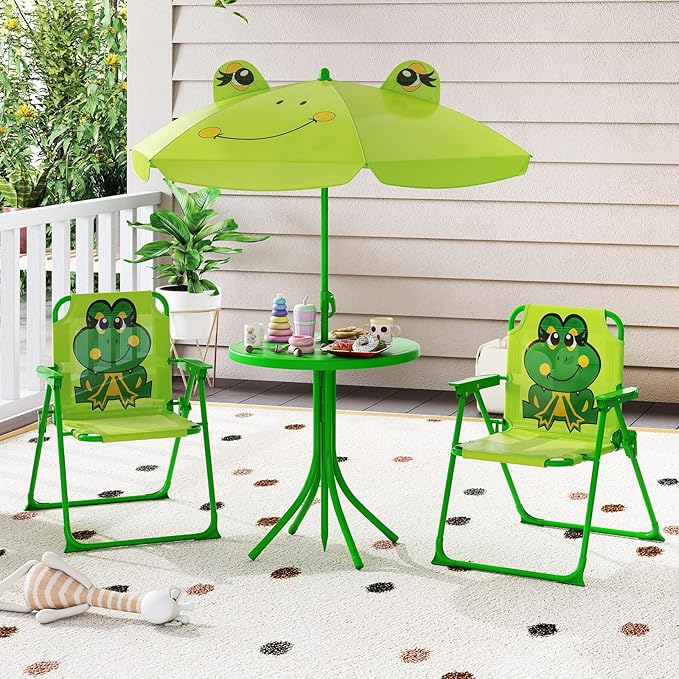 Costzon Kids Picnic Table, Kids Outdoor Table with 2 Folding Chairs, Height Adjustable Umbrella, Portable Children Outdoor Furniture for Patio, Garden, Backyard (Light Green)