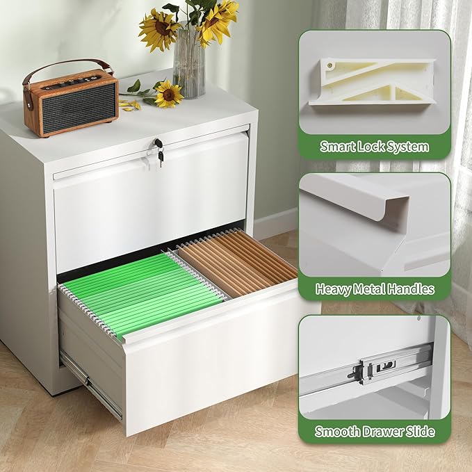 2 Drawer Lateral File Cabinet with Lock, Filing Cabinets for Home Office, Storage Cabinets for Hanging Files Letter/Legal/F4/A4, Require Assembly(White)