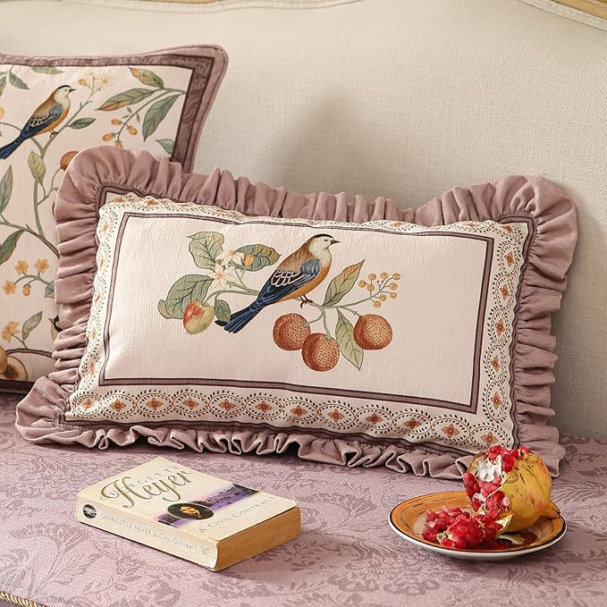 Throw Pillow Covers Pack of 4,Pink Farmhouse with Birds and Flowers Pattern Cozy Velvet Pillowcases,Decoration Square Round Lumbar Pillows Cushion Covers for Couch Sofa Bed Car Chair