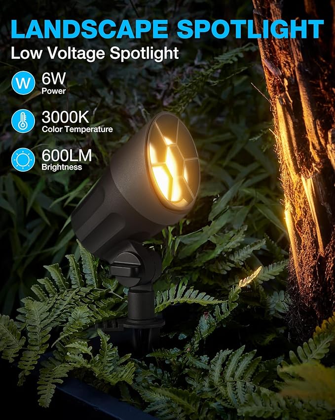SUNVIE 6W LED Landscape Lights Low Voltage Landscape Lighting with Connectors Warm White Landscape Spotlights Outdoor 12-24V Waterproof Yard Garden Lights Wired Tree Wall Landscape Spotlights, 8 Pack