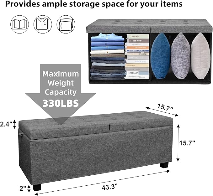 Metal Storage Ottoman, End of Bed Bench, Foot Stool with Legs, Storage Chest Footrest for Bedroom, Entryway, Living Room, 15.7 x 43 x 15.7 Inches, Linen Grey
