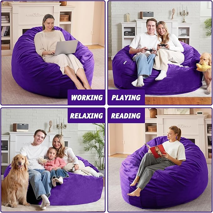 5FT Bean Bag Chair with Ultra Soft Velvet Cover Bean Bag Sofa with Memory Foam Bean Bag Chairs with Large Size Lazy Sofa for Dorm Office Living Room Bedroom Purple 5'