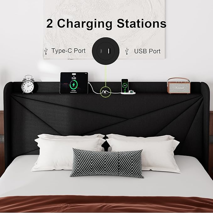 Feonase King Size Bed Frame with Charging Station, Linen Upholstered Platform Bed Frame with Wingback Storage Headboard, Solid Wood Slats Support, No Box Spring Needed, Noise Free, Black