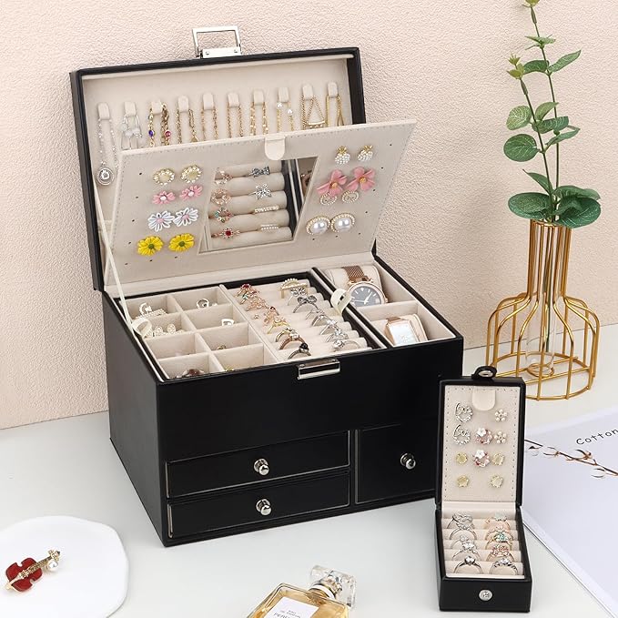 DesignSter Jewelry Organizer Box, Large Capacity 3 Layers, Travel Jewelry Case, Mirror, for Necklaces Earrings Rings Bracelets Watches (Black)
