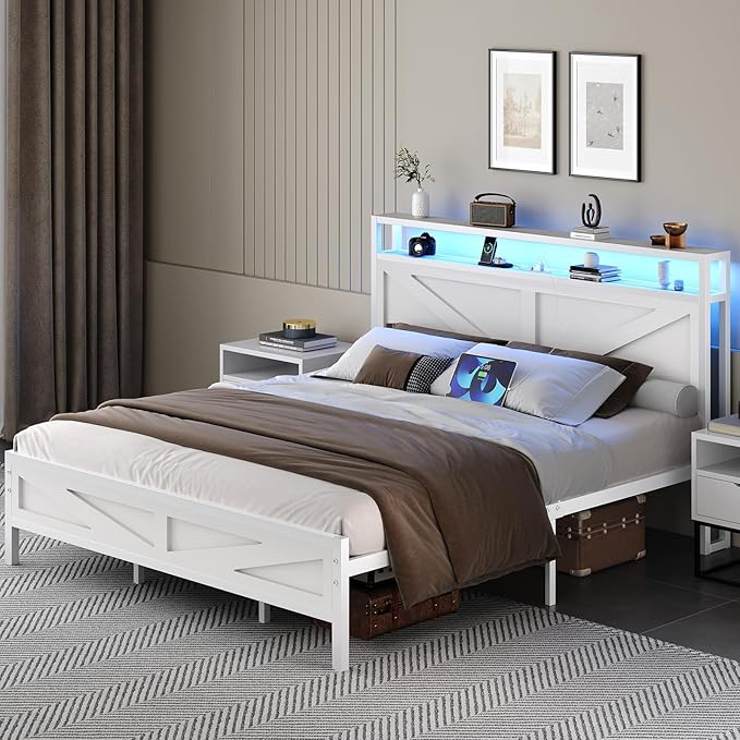 King Bed Frame with LED Lights and Charging Station, Metal Platform Bed King Size with 2-Tier Rustic Barn Door Storage Headboard, Noise-Free, No Box Spring Needed, Easy Assembly, White