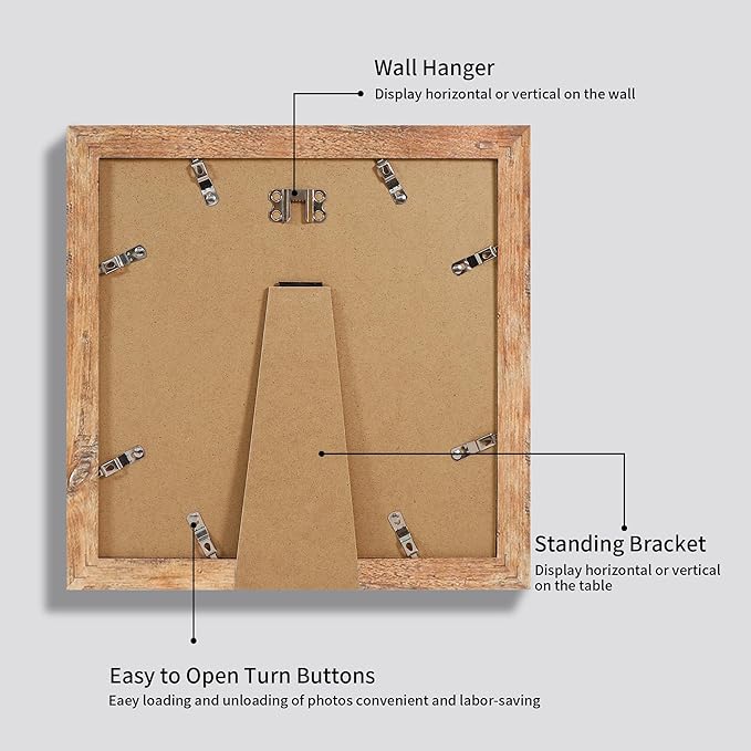 10x10 Picture Frame Set of 4 with Real Glass, Rustic Brown Frames Display 8x8 Picture with Mat or 10 x 10 Without Mat, Wooden Square Photo Frame for Wall Mount and Tabletop Display