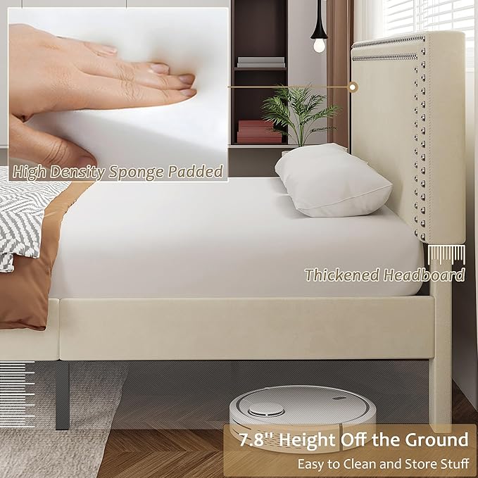 VECELO Full Size Bed Frame with Height Adjustable Upholstered Headboard, Wooden Slats Platform, Noise-Free Design, Easy Assembly