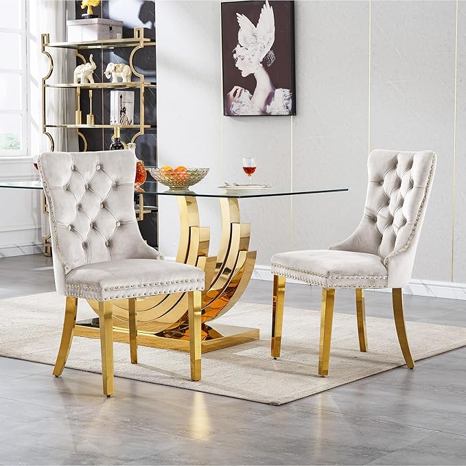 7 Piece Dining Table Set with 6 Beige Dining Chairs, Modern Glass Kitchen Table and Chairs Set for 6, 70" Rectangle Gold Glass Pedestal Dining Room Tables with Ring-Shape Stainless Steel Base