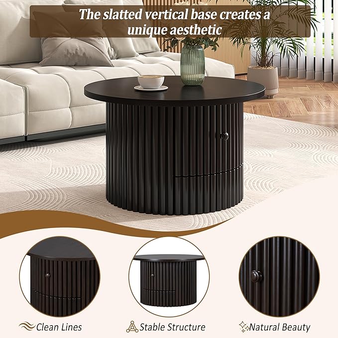 WILLIAMSPACE 30.5" Round Coffee Table with a Drawer, Modern Farmhouse Wood Circle Drum Center Table with Vertical Slat Base, Accent Side End Table for Living Room Apartment, Dark Brown