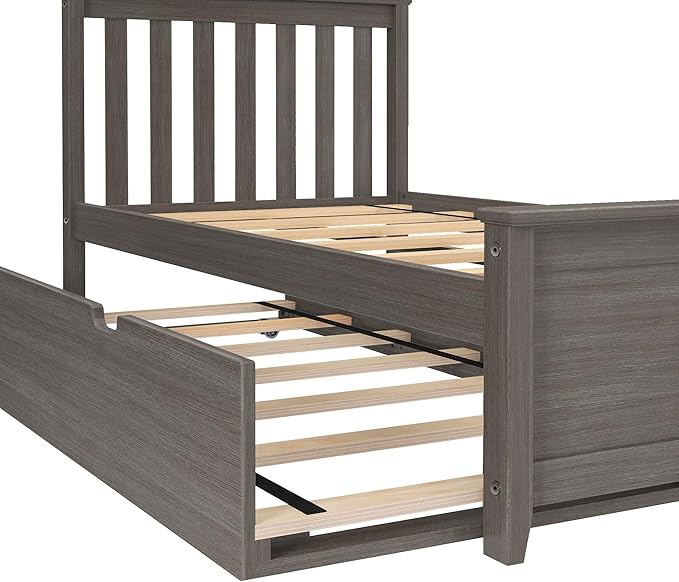 Max & Lily Twin Bed, Wood Bed Frame with Headboard For Kids with Trundle, Slatted, Clay