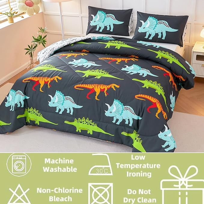 RYNGHIPY Dinosaur Bedding Set Queen Size Dinosaur Kids Comforter Set for Boys Girls Soft Breathable Cute Dinosaur Bed Set for All Season (Black,Queen)