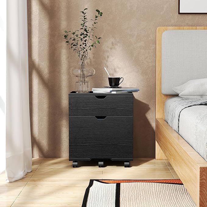HollyHOME File Cabinet, 2 Drawers Filing Cabinet for Home Office, with Wheels, for A4, Letter Sized Documents, Hanging File Folders,Black