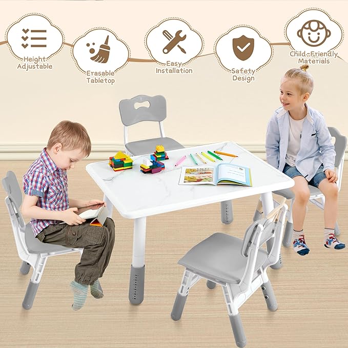 Adjustable Kids Table Chairs Set – Graffiti Desktop, Multi-Activity Height-Adjustable Toddler Study Desk for Ages 3-8 – Ideal for Home, Classroom, Daycare (B-Gray, 4 Chairs-31.5" L x 23.6" W)