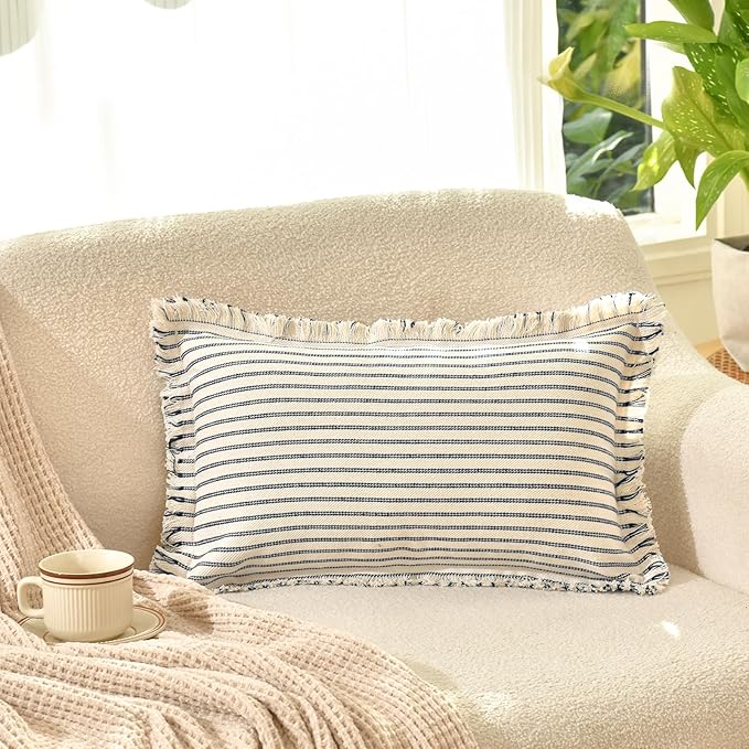 ZWJD Throw Pillow Covers 12x20 Set of 2 Striped Pillow Covers with Fringe Chic Cotton Decorative Pillows Square Cushion Covers for Sofa Couch Bed Living Room Farmhouse Decor
