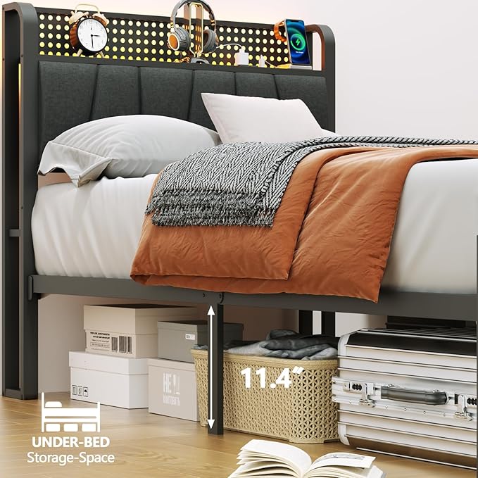Furnulem Twin Size Bed Frame with LED Light and Charging Station, Grey Upholstered Storage Headboard with Shelf, Metal Platform Bed with Heavy Duty Slats, No Box Spring Needed, Noise Free