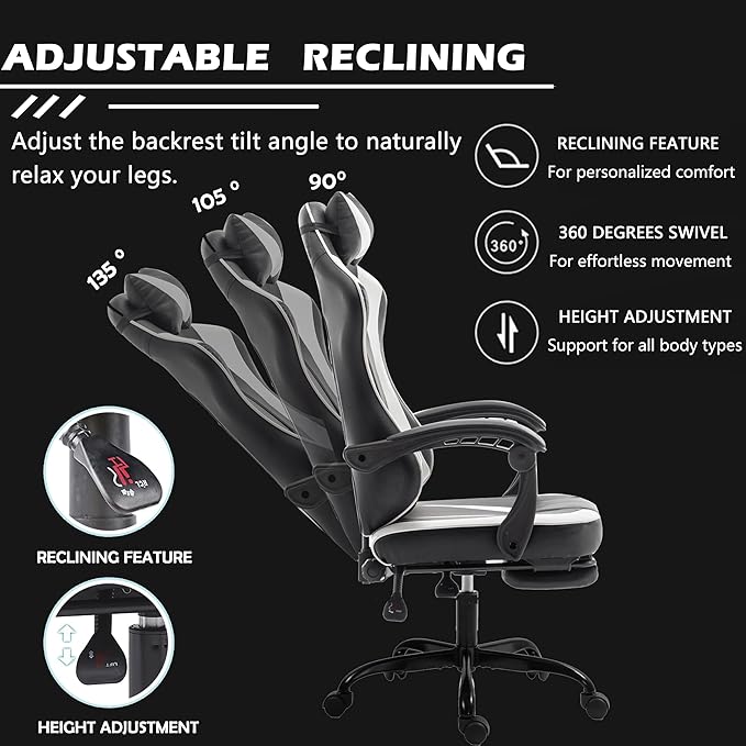 Gaming Chair,Big and Tall Massage Video Game Chairs,Lumbar Support Footrest Padded Armrest Adjustable Height Swivel,300lb Capacity, Comfy Racing Gaming Chairs for Adult Kids (White)