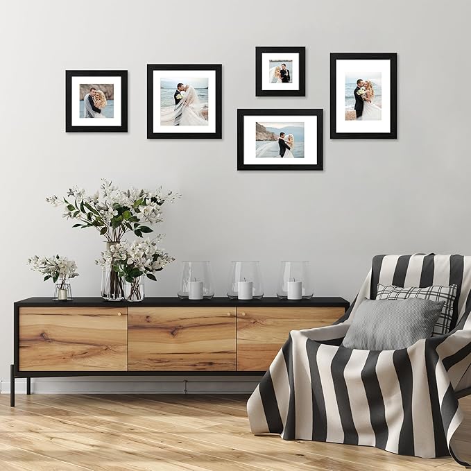 10x10 Picture Frame Set of 4 with HD Glass, Black Frames Display 8x8 Picture with Mat or 10 x 10 Without Mat, Photo Frames for Tabletop Display and Wall Mounting