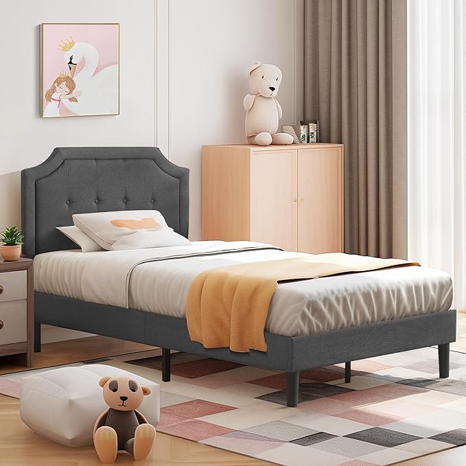 VECELO Twin Upholstered Platform Bed Frame with Adjustable Button Stitched Panel Headboard,Strong Wood Slat Support,Velcro Design,Mattress Foundation/Easy Assembly,Grey