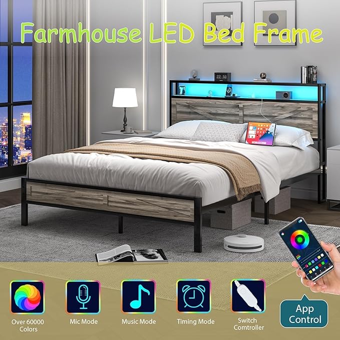 Full Size Bed Frame with LED Lights and Charging Station, Metal Platform Bed Frame Full with Storage and Rustic Barn Door Headboard, Noise Free, No Box Spring Needed, Easy Assembly, Wash Grey