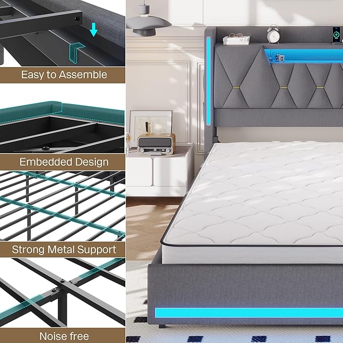 California King Bed Frame, Platform Bed Frame with Storage Headboard and LED Lights, Upholstered Headboard & Charging Station,Metal Support,No Box Spring Needed, Noise-Free, Easy Assembly, Gray