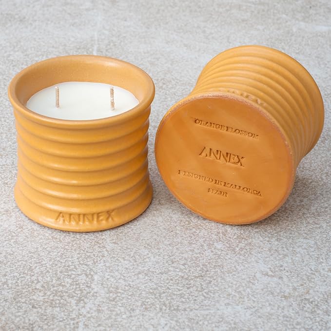 Scented Luxury Candles in Handmade Ceramic Jars, Soy Wax | Orange Blossom – Orange & Mimosa, Large Candle | Non Toxic, 2 Wicks, Reusable Big Orange Jar | Natural Spring Aromatherapy for Women & Men