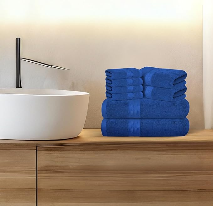 Avalon Towels Luxury 8 Piece Towels Set, 2 Bath Towels, 2 Hand Towels and 4 Washcloths, 600 GSM 100% Ring Spun Cotton Highly Absorbent Bathroom Towel Set, Ideal for Hotel, Spa and Gym (Royal Blue)