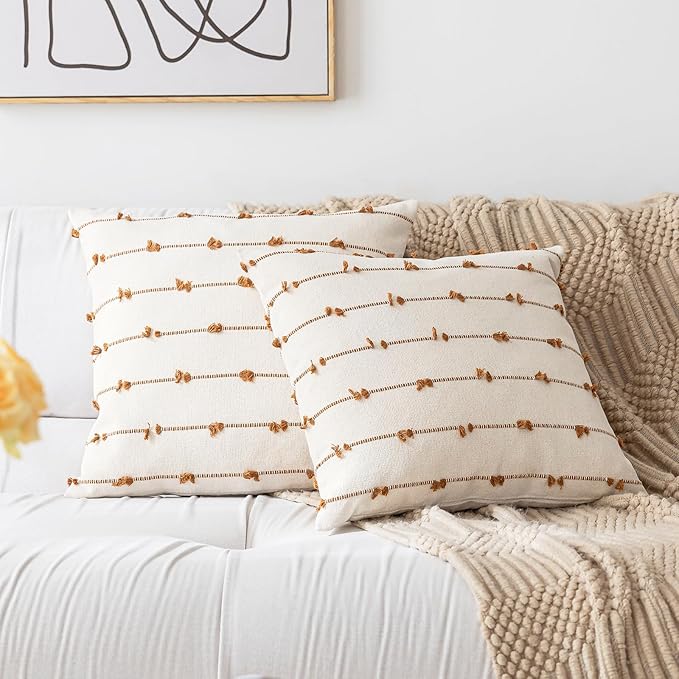Boho Throw Pillow Covers 18x18 Set of 2 Modern Farmhouse Decorative Cushion Case Tufted Square Pillows Cover Neutral Pillow Cases Accent Pillowcase for Sofa,Couch,Bed,Beige and Brown