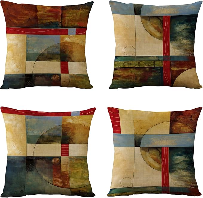 WOMHOPE Set of 4 Vintage Geometric Decorative Throw Pillow Covers Pillow Cases Cushion Cases 18 x 18 Inch for Living Room,Couch and Bed (Geometric)
