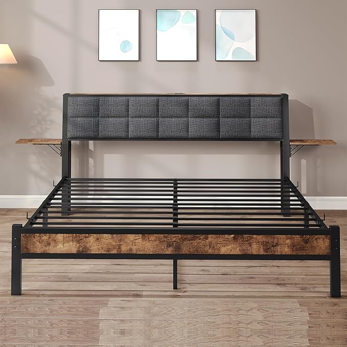 Full Size Bed Frame with Headboard,Metal Platform Bed Frame Full with Storage and USB Charging Station,Upholstered Bed Frames with Metal Slat Support/No Box Spring Needed/ Under Bed Storage/Noise Free