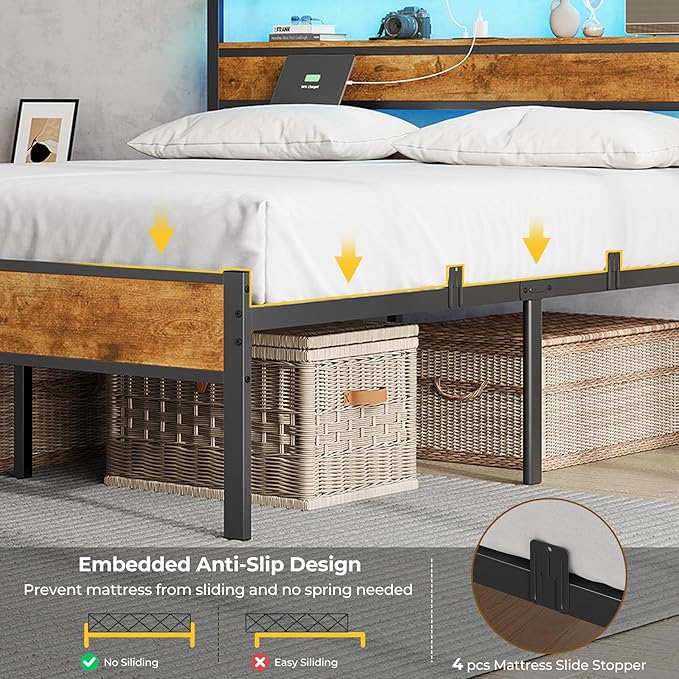 Hasuit Queen Bed Frame with Headboard LED Lights, Queen Size Bed with Charging Station 2-Tier Storage Shelves, Metal Platform Bed with Heavy Duty Slat, Fast Assembly, No Box Spring Needed, Noise Free