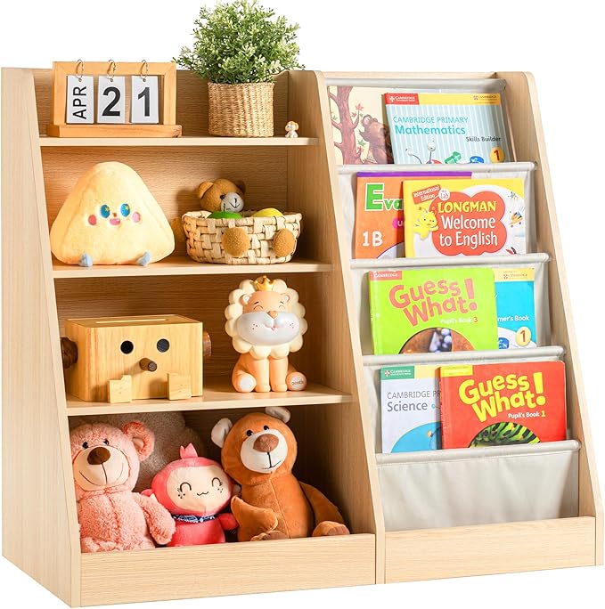 4 Tier Kids Wooden Bookshelf Baby Toddler Bookshelf and Toy Storage Organizer with Four Layer Sling Bookcase for Kids Room Playroom Nursery Classroom