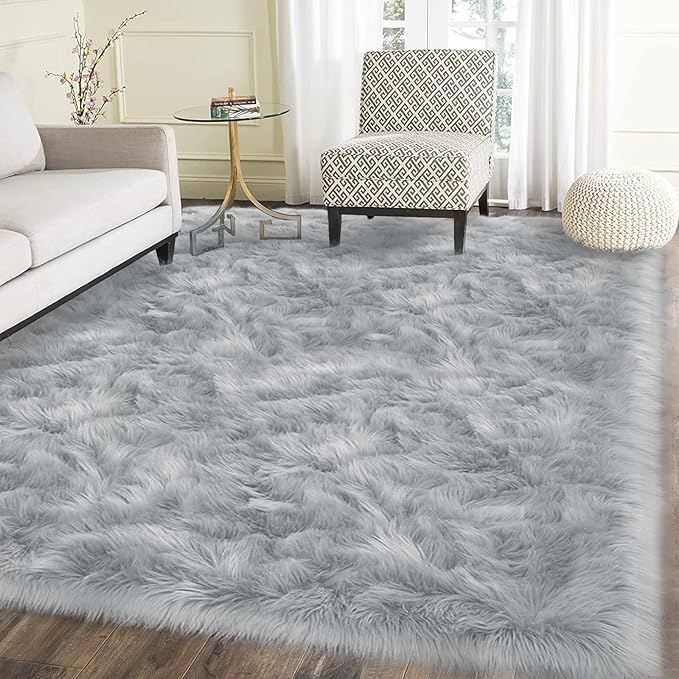 Latepis Gray Rugs for Living Room 5x6.7 Fluffy Shag Rug Washable Faux Fur Fuzzy Shaggy Rug for Bedroom Dorm Throw Rugs Home Decor Rectangle