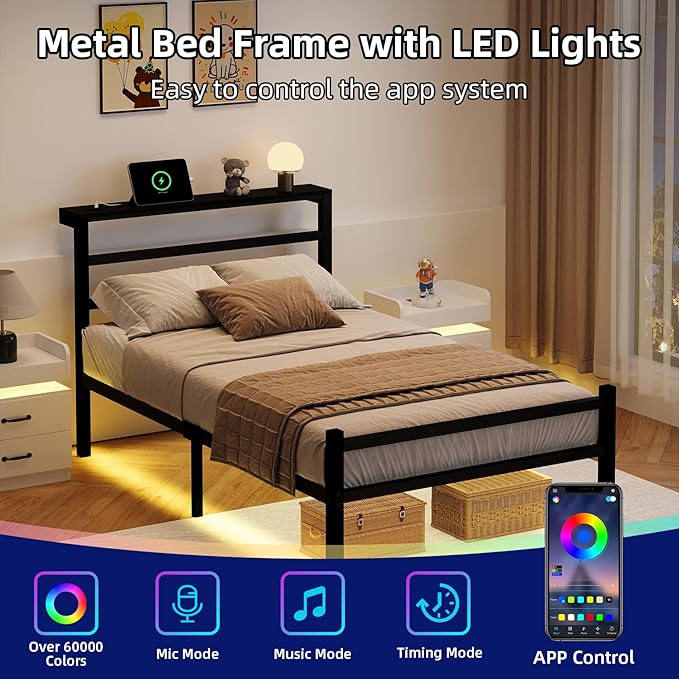 Twin Size Bed Frame with LED Lights, Metal Platform Bed Frame with Storage Headboard, Modern Bed Frame with Charging Station, Heavy Duty Metal Slat, No Box Spring Needed, Easy Assembly, Black