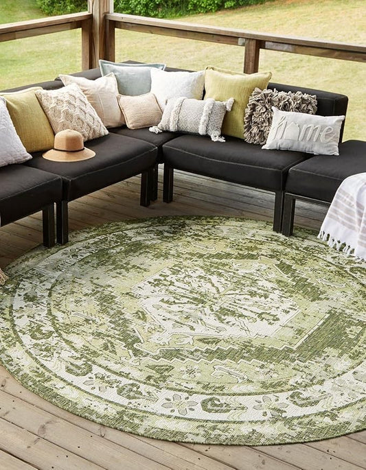 Unique Loom Outdoor Traditional Collection Area Rug - Valeria (3' 3" Round, Green/ Light Green)