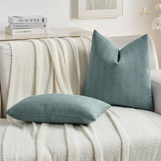 FUTEI Grey Blue Chenille Decorative Throw Pillow Covers 22x22 Inch Set of 2,Soft Cozy Striped Geometric Patterns Cushion Case,Modern Home Decor for Couch Bed Living Room