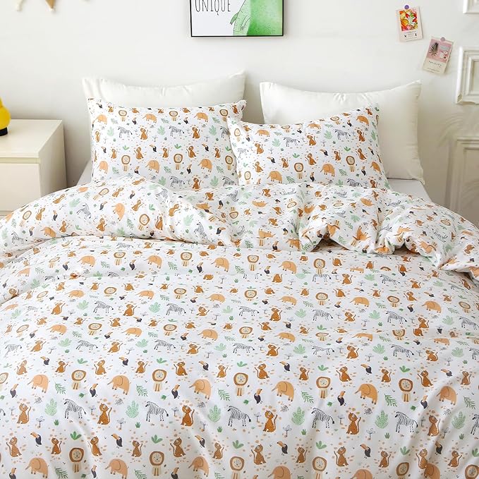 Ivellow Twin Duvet Cover for Kids Cartoon 100% Cotton Kids' Duvet Cover Set Zoo Animal Lion Elephant Patterned Ultra Soft Breathable Cute Toddler Bedding Set Zipper Closure Boys Girls Teens