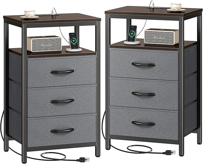 Huuger Nightstands Set of 2, 27.6 Inch End Tables with Charging Station, Fabric Drawers, Bedside Tables with USB Port and Outlet, Night Stands for Bedroom, Walnut