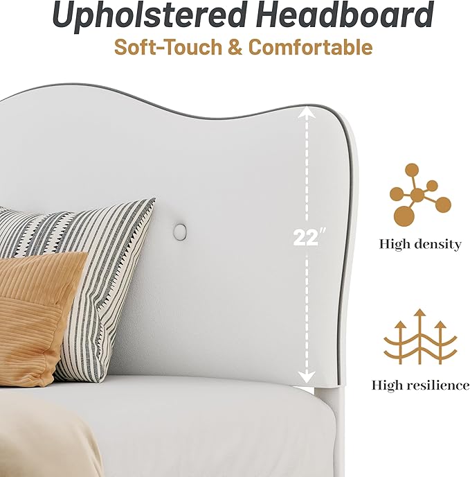 Full Size Bed Frame, Upholstered Bed Frame with Headboard, Platform Bed Frame with Wood Slats Support, No Box Spring Needed, Adjustable Height Headboard, White