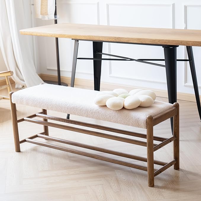 Solid Wood Entryway Bench with Shoe Storage, Rustic Oak Wood and Sherpa Fabric 45 Inch Long Seating for Living and Dining Rooms, 3-Tier White